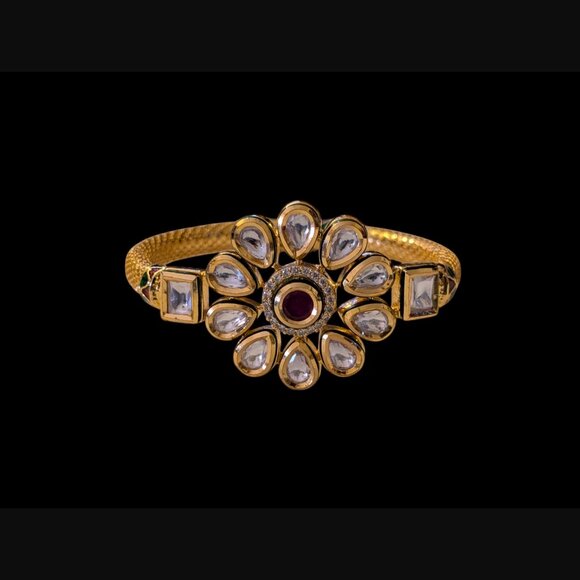 Kudan Gold Plated Ruby And CZ Hinged Bangle Bracelet 6.25" - Picture 4 of 12